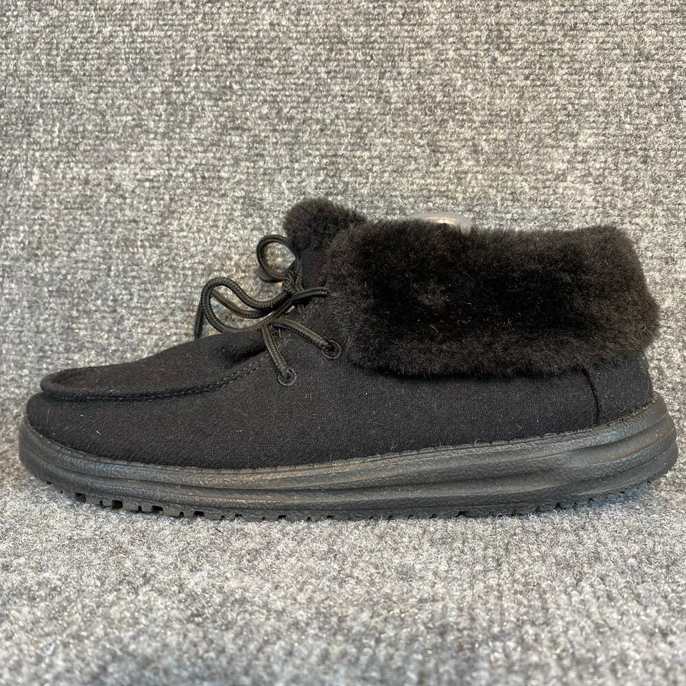 Hey Dude Womens 10 Britt Total Black Faux Fur Lined Ankle Bootie Shoes